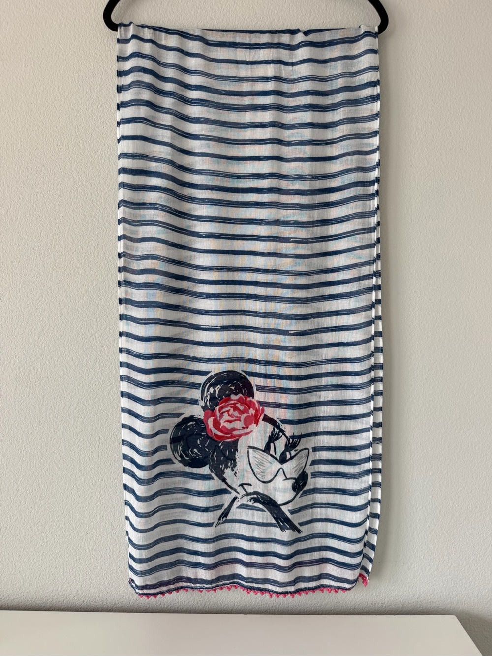 Nautical Striped Minnie Mouse Beach Scarf Sarong with Pink Pom Pom Trim Boho